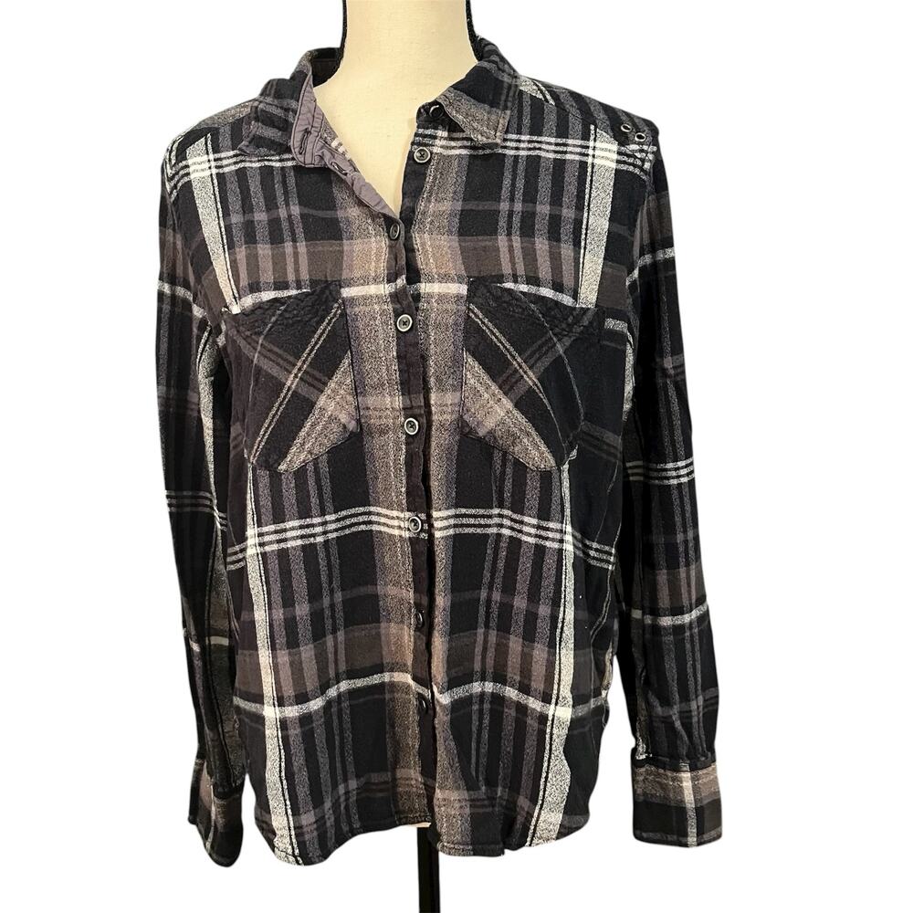 Free People Women's Navy Plaid Button Up Wesley Shirt Sz S Boyfriend Oversize